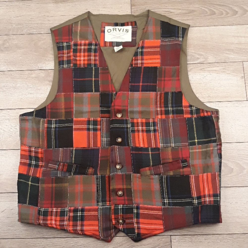 ORVIS Red Green Patchwork Pattern Wool Cloth Mens Large Vest Waistcoat